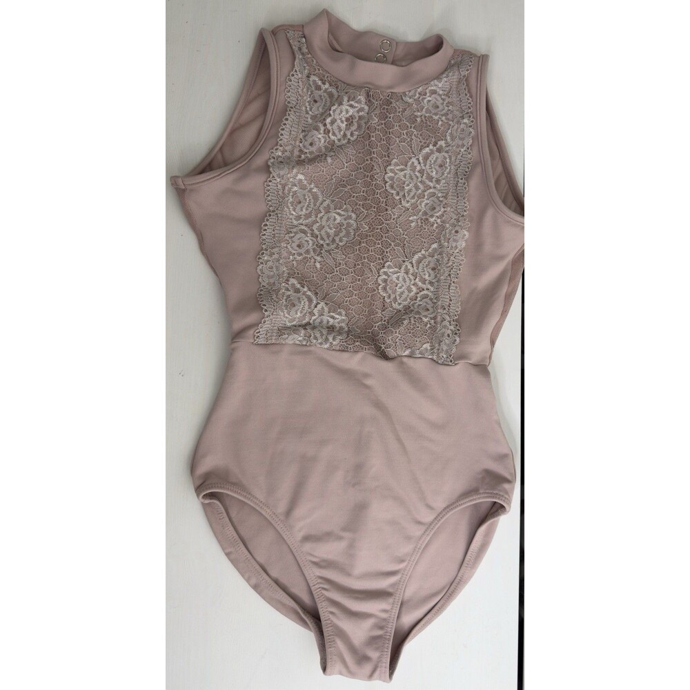 Pink Lace Mesh Sleeveless Bodysuit Girls Size 9-10 Years Stretch Mock Neck Top